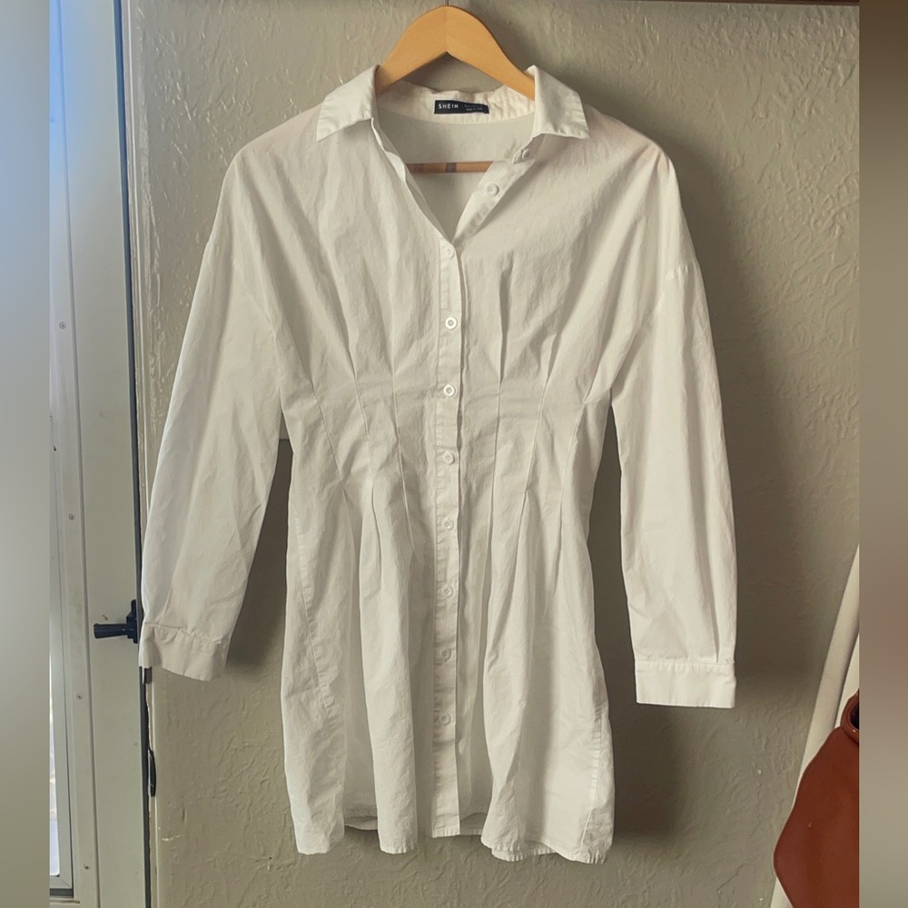 SHEIN White Long Sleeve Button-Up Tapered Tunic Dress